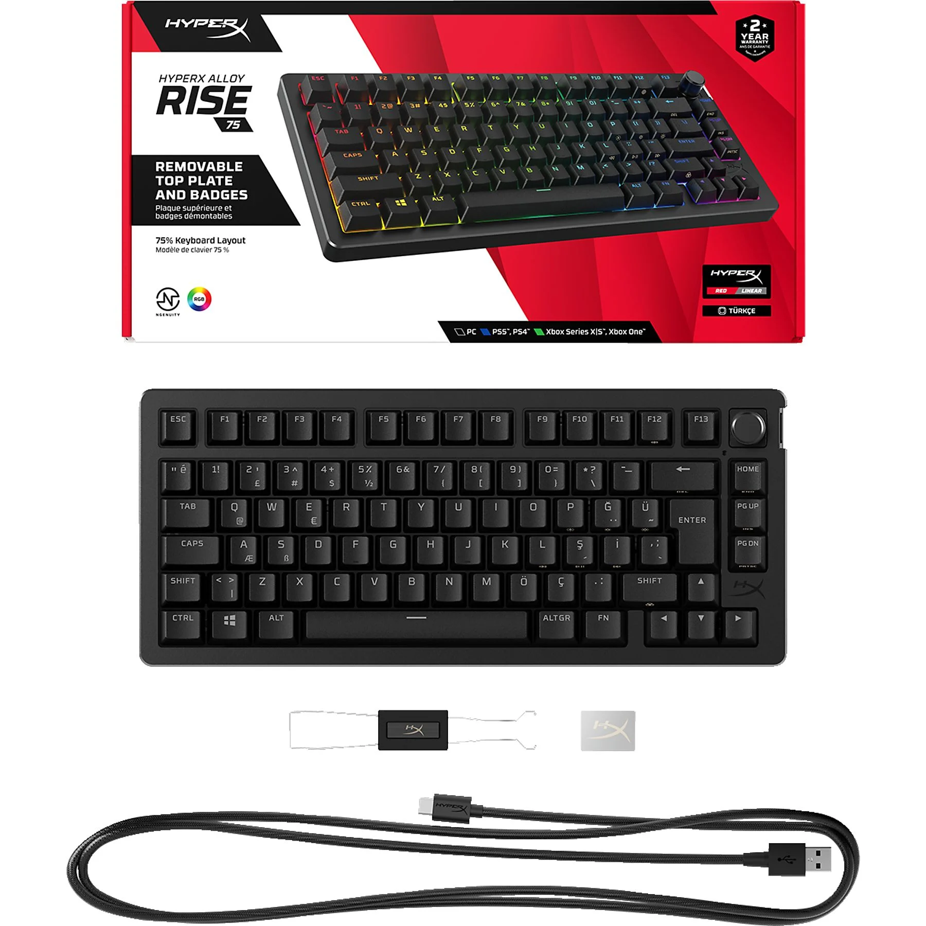 HyperX Alloy Rise 75 Mekanik Kablolu Türkçe Gaming Klavye Siyah - Thumbnail