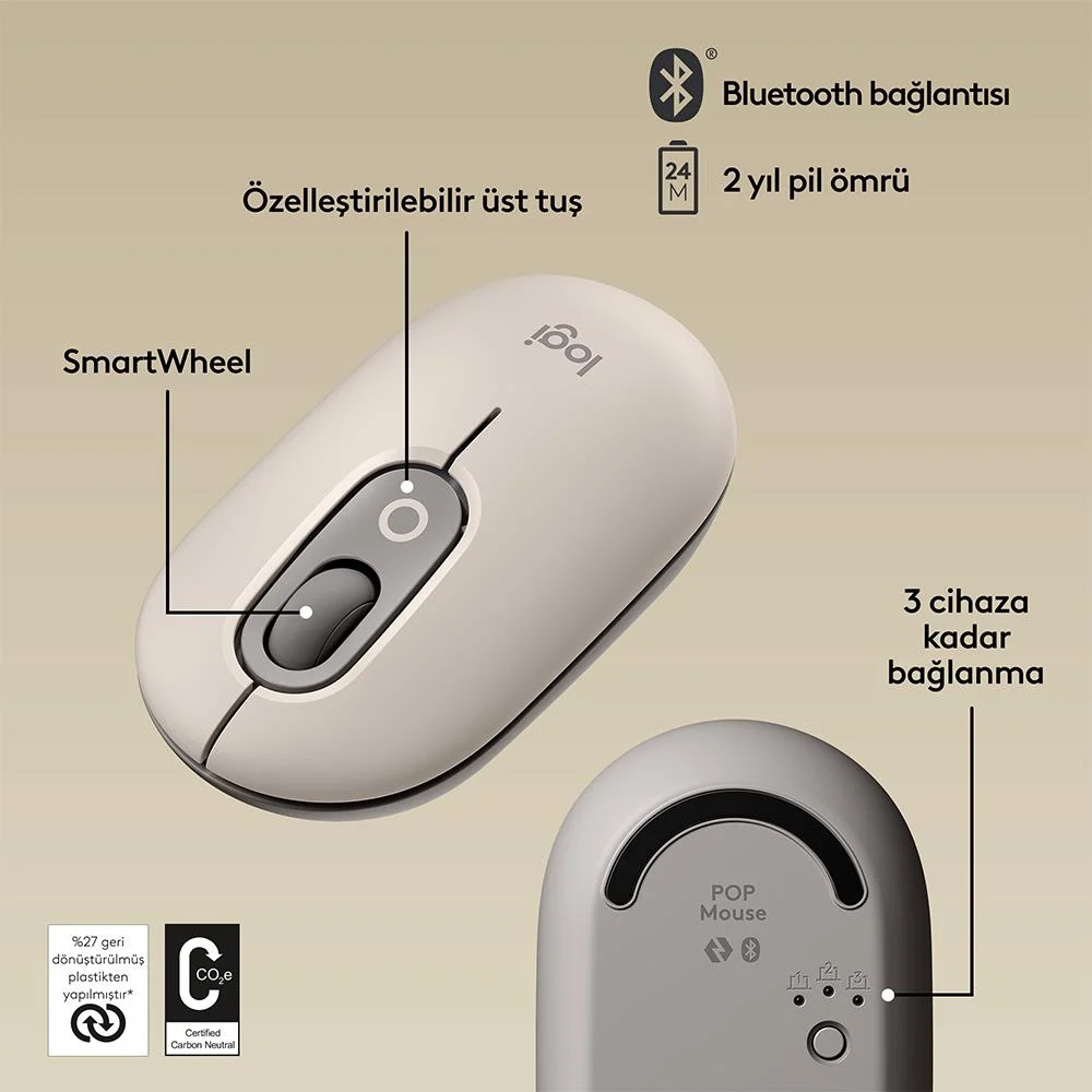 Logitech Pop Emoji 910-006651 Mist&sand Bej Optik Kablosuz Mouse - Thumbnail